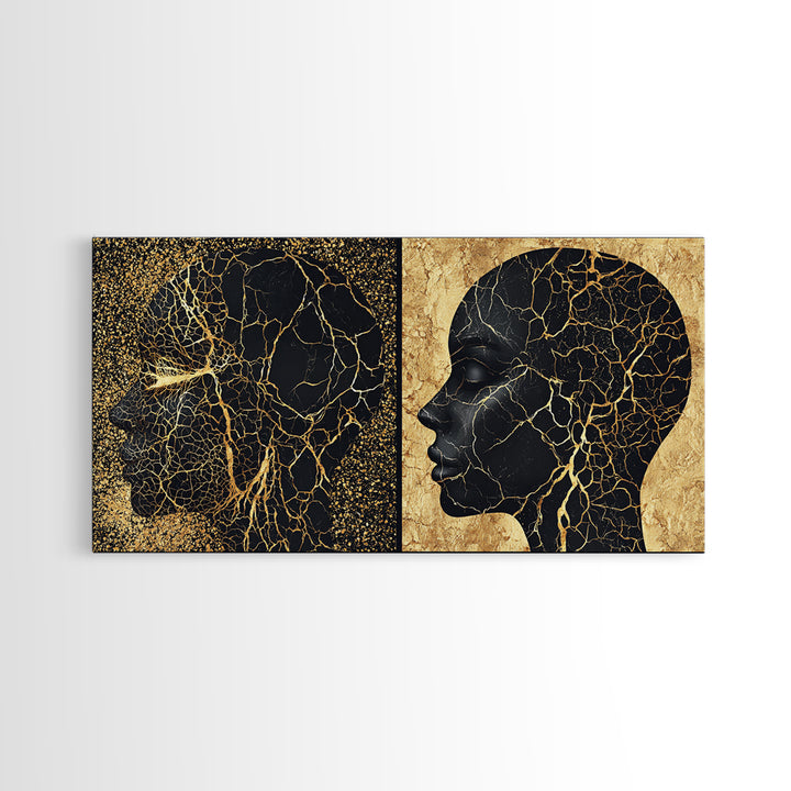 Black Gold Rooted African Profile Diptych Framed Canvas Print, Spiritual Wall Art, Modern Afrocentric Decor, Luxury Art Print