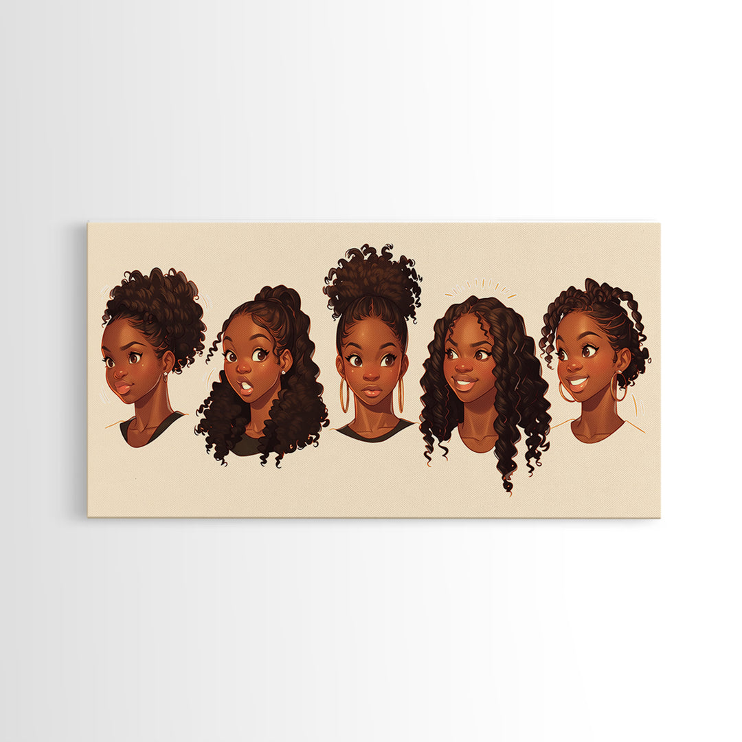 Cute Black Girl Hairstyle Portraits Wall Art, Melanin Artwork, African American Kids Decor, Black Girl Magic Canvas Print