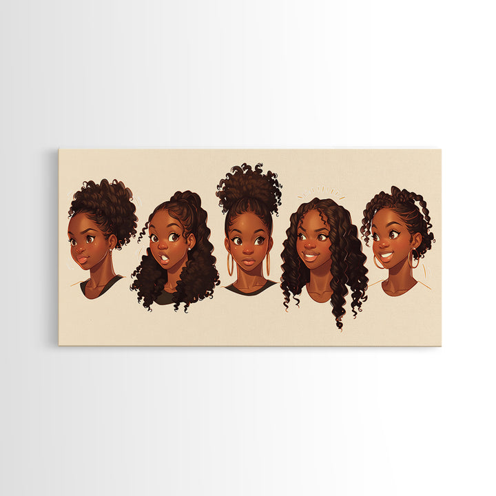 Cute Black Girl Hairstyle Portraits Wall Art, Melanin Artwork, African American Kids Decor, Black Girl Magic Canvas Print
