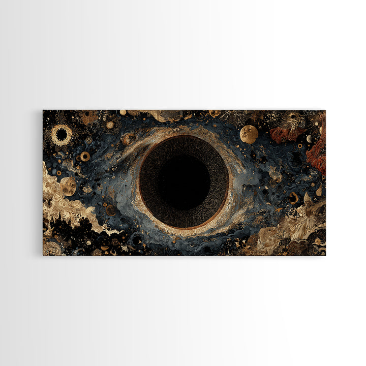 Black Gold Cosmic Eye Framed Canvas Print, Luxury Abstract Wall Decor, Mystical Space Art For Modern Living Room Home Decor