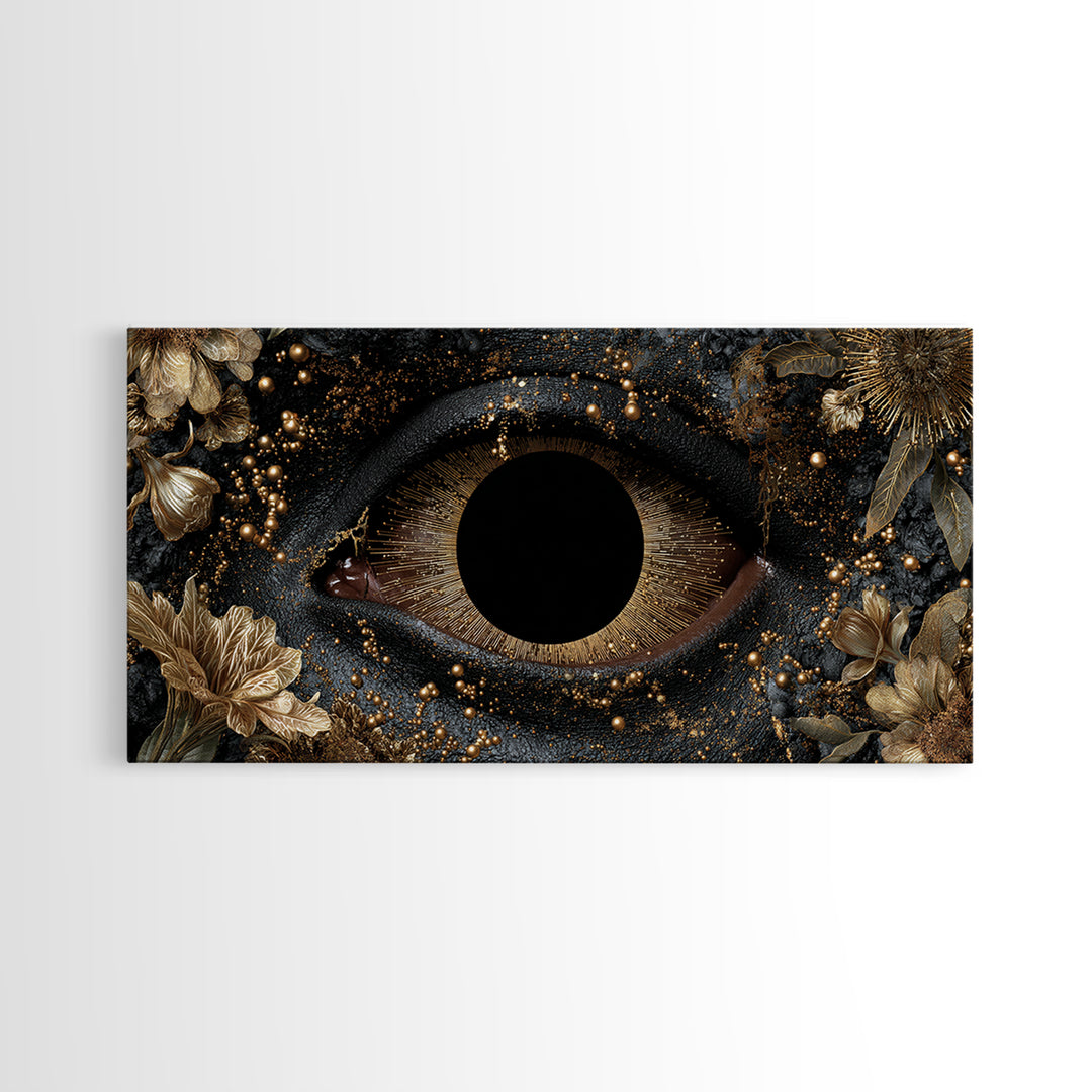 Golden Floral Mystic Eye Canvas Print, Black And Gold Abstract Wall Art, Luxury Feminine Decor For Stylish Living Room Gift