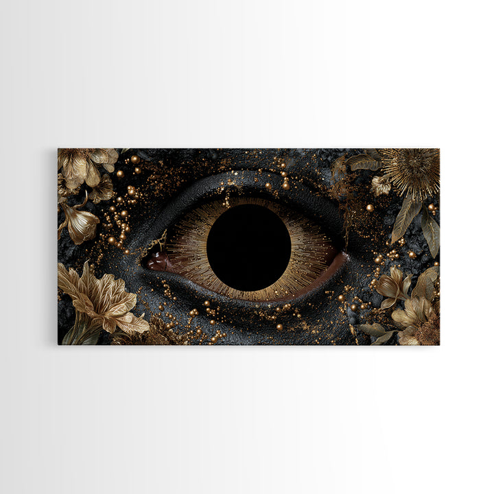 Golden Floral Mystic Eye Canvas Print, Black And Gold Abstract Wall Art, Luxury Feminine Decor For Stylish Living Room Gift