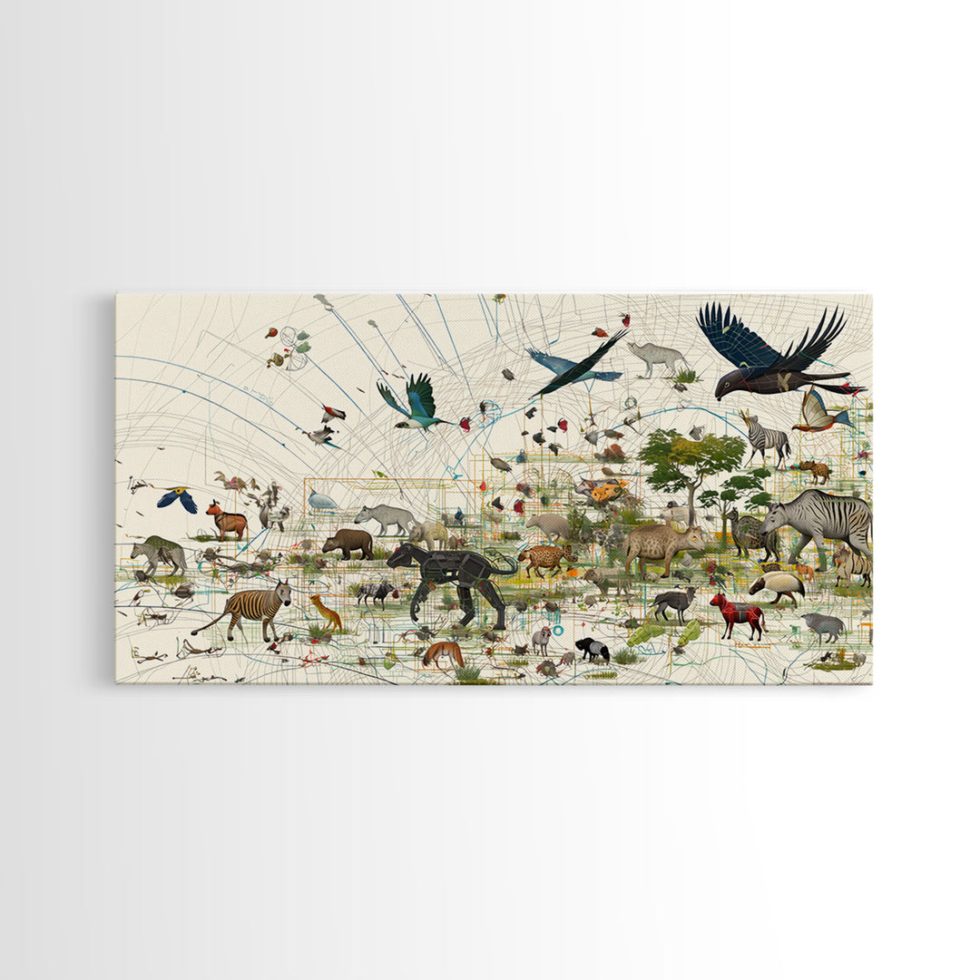 African Safari Map Canvas Print, Wildlife Collage With Elephant Giraffe Rhino, Serengeti Wall Decor, Jungle Animal Art Home Decor