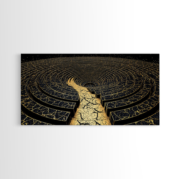 Golden Labyrinth Wall Art, Black And Gold Abstract Spiral Maze, Luxury Canvas Print, Modern Geometric Statement Decor Home Decor