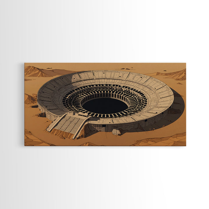 Desert Colosseum Canvas Print, Futuristic Arena Landscape, Beige Wall Art, Architectural Decor, Modern Office Art For Living Room