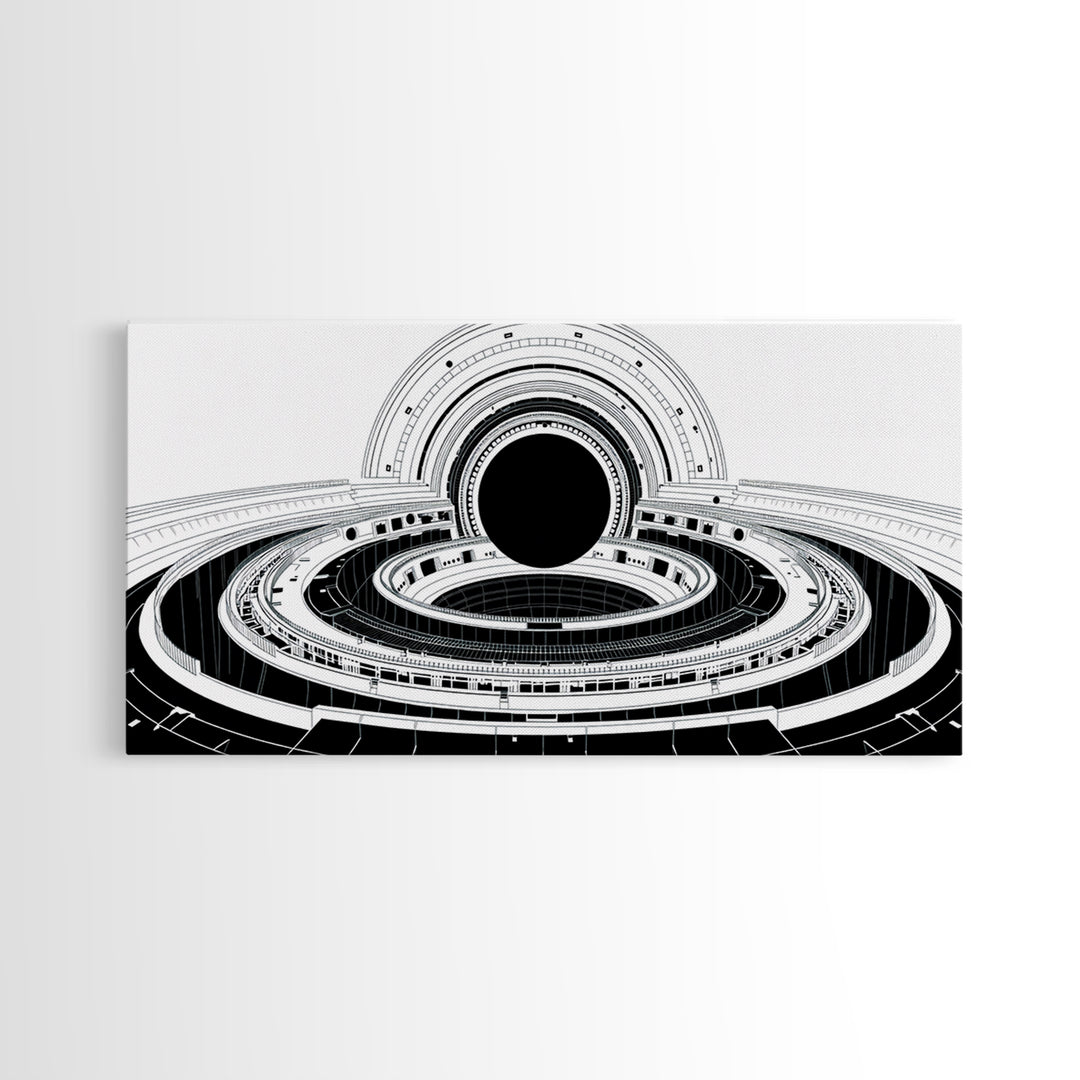 Monochrome Space Station Wall Art, Black And White Futuristic Architecture, Minimalist Canvas Print, Modern Office Decor