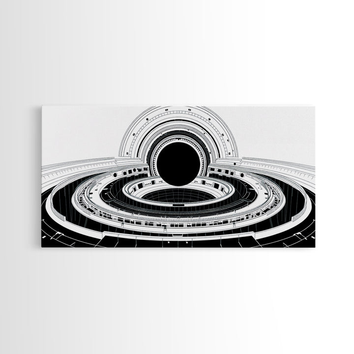 Monochrome Space Station Wall Art, Black And White Futuristic Architecture, Minimalist Canvas Print, Modern Office Decor