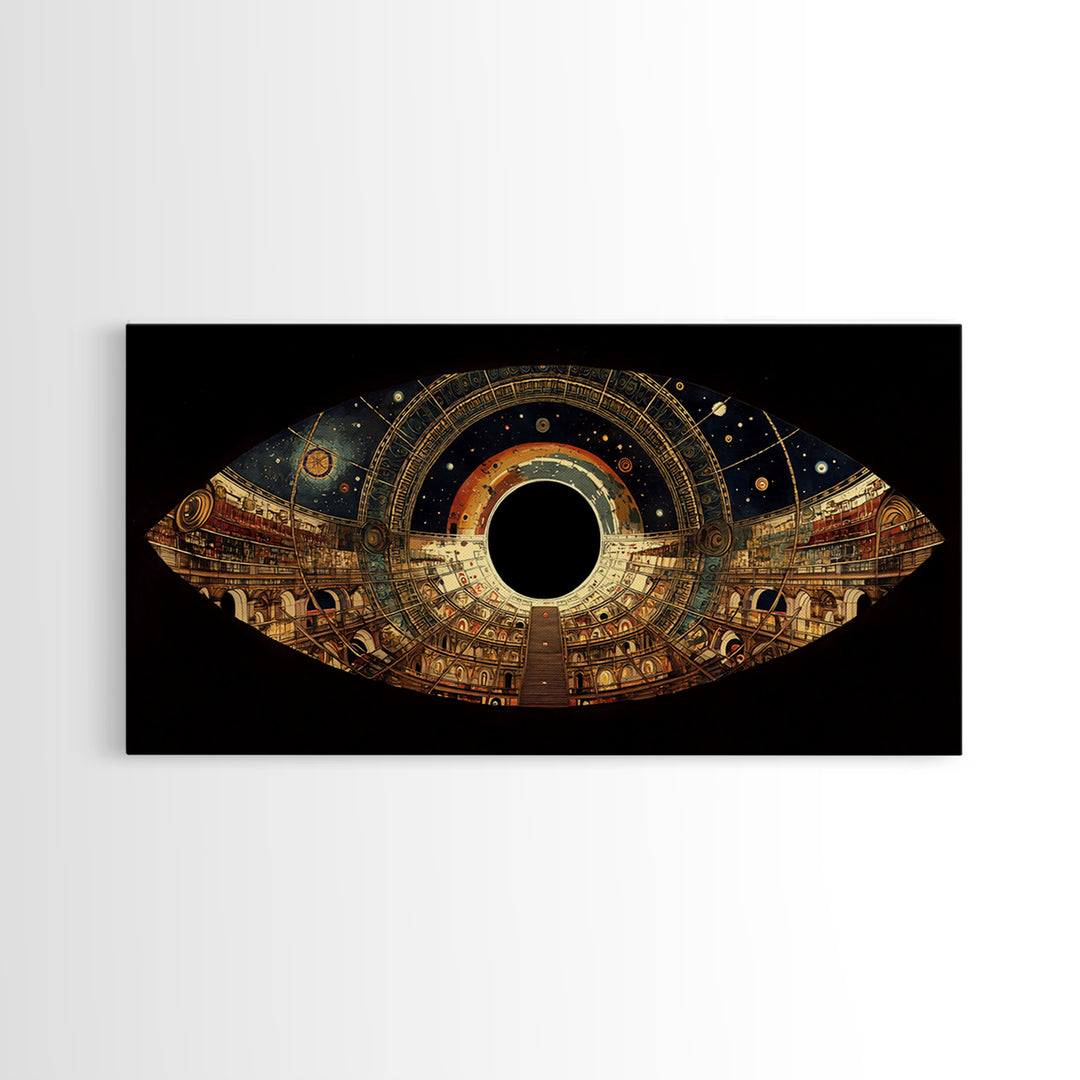Celestial Observatory Eye Canvas Print, Ornate Cosmic Library Wall Art, Black Gold Sci Fi Decor, Mystical Statement Piece