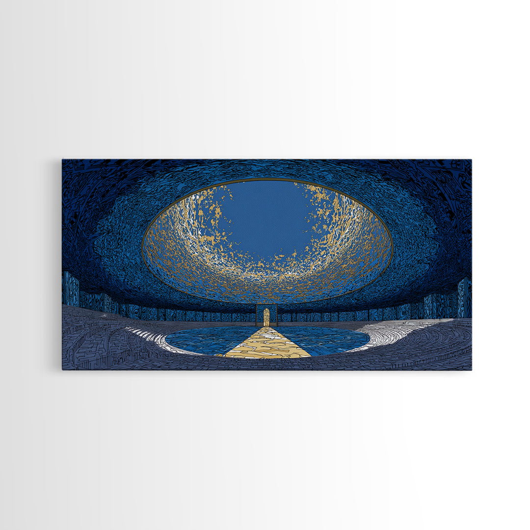 Blue Portal Chamber Wall Art, Futuristic Circular Architecture, Gold Path Canvas Print, Modern Abstract Office Decor Statement Piece