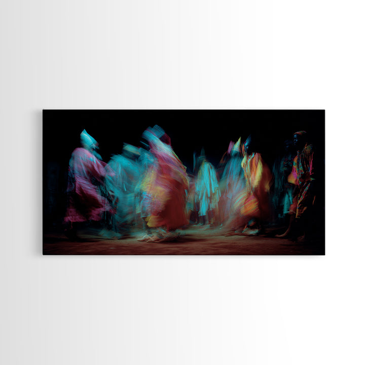 Blurred African Dancers In Jewel Robes Wall Art, Afrocentric Dance Canvas, Cultural Home Decor, Vibrant Tribal Art Print