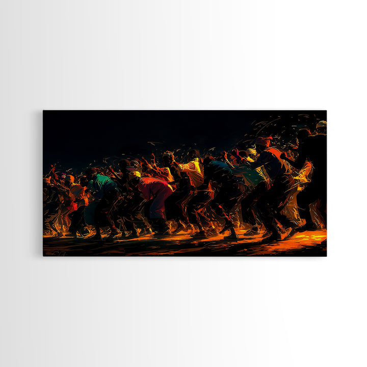 Golden Line Of African Dancers Canvas Print, Black Culture Art, Afrocentric Wall Decor, Vibrant Movement Painting, Cultural Art