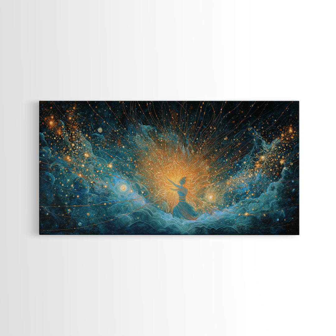 Cosmic African Goddess In Blue Gold Light Wall Art, Spiritual Afrocentric Decor, Mystical Woman Canvas, Dreamy Art Print