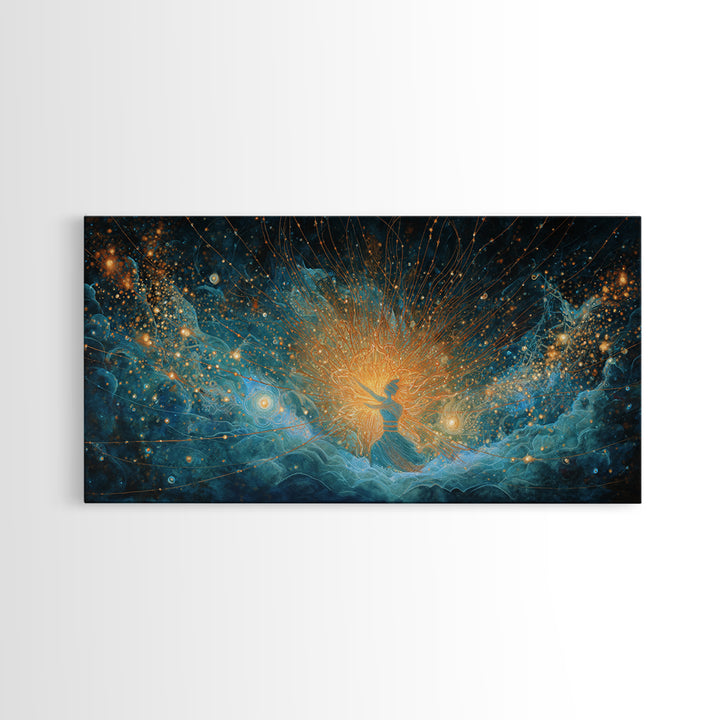 Cosmic African Goddess In Blue Gold Light Wall Art, Spiritual Afrocentric Decor, Mystical Woman Canvas, Dreamy Art Print