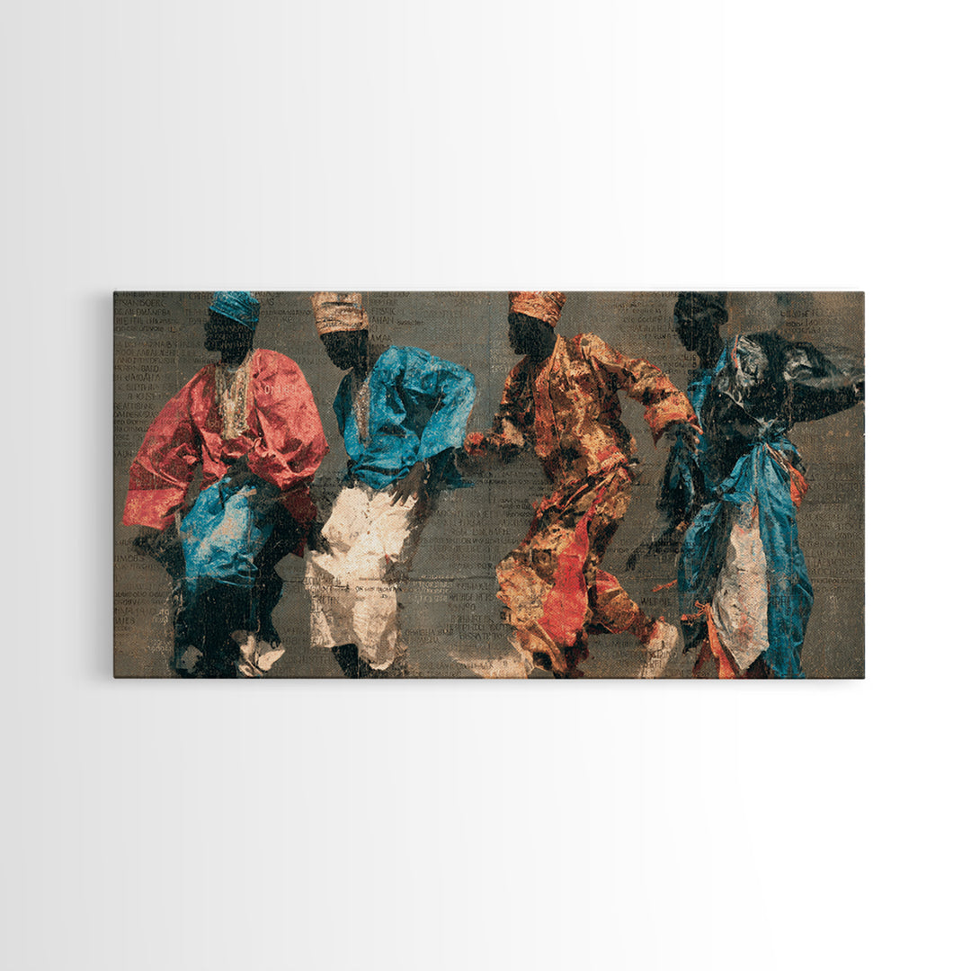 Four African Dancers In Colorful Robes Canvas Print, Tribal Culture Wall Art, Ankara Inspired Decor, Afrocentric Art Gift
