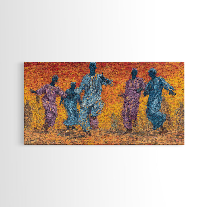 African Dancers At Sunset Wall Art, Colorful Afrocentric Celebration Print, Tribal Culture Decor, Vibrant Living Room Canvas