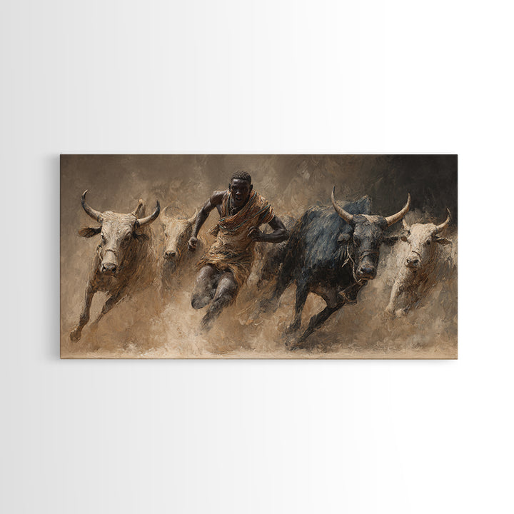 African Bull Runner Canvas Print, Dusty Cattle Race Painting, Warrior Culture Wall Decor, Rustic Safari Art For Living Room
