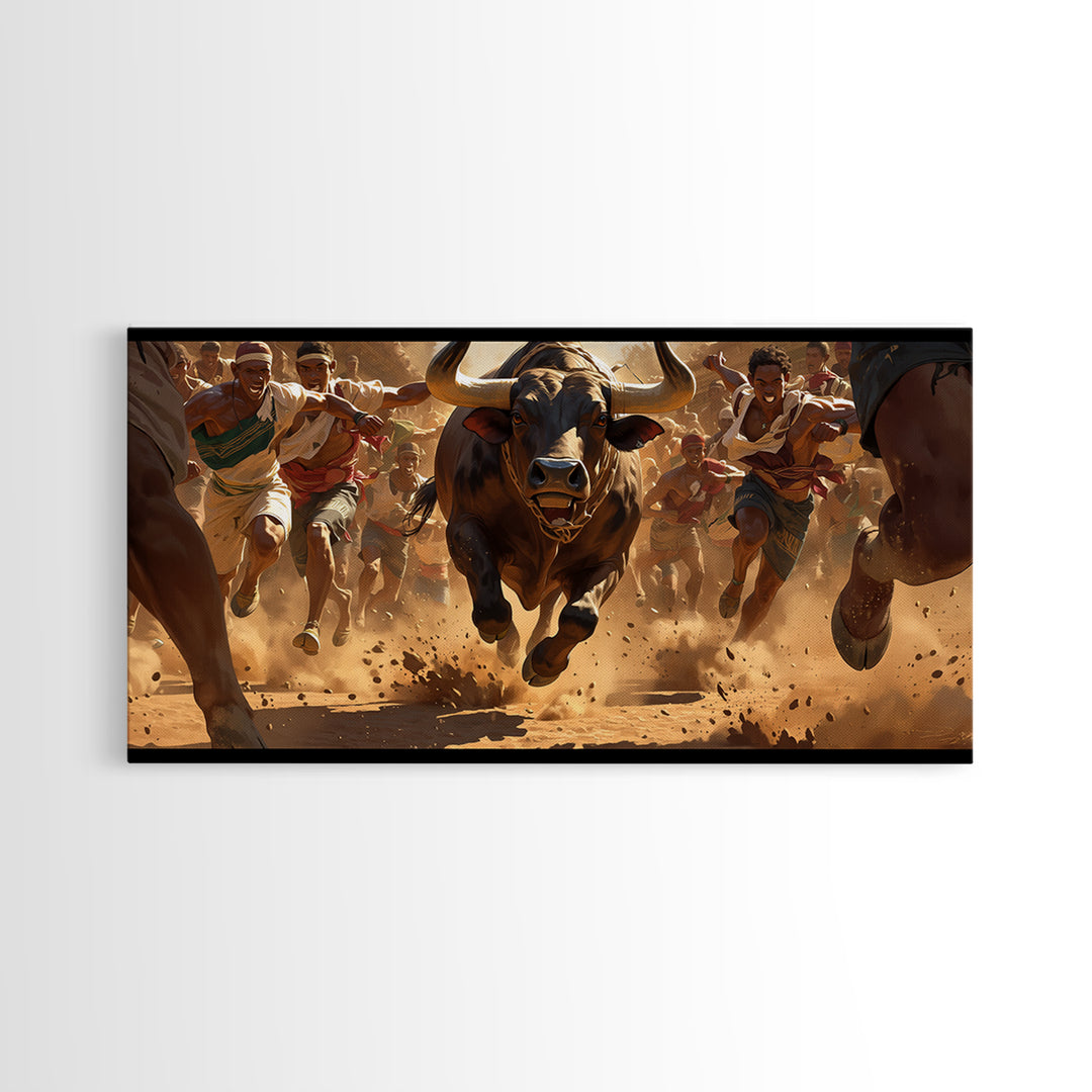 Charging Bull Race Framed Canvas Print, African Warrior Runners, Dusty Safari Action Art, Bold Cultural Living Room Decor