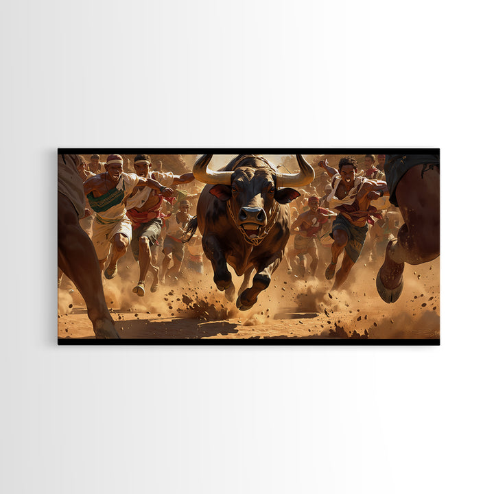 Charging Bull Race Framed Canvas Print, African Warrior Runners, Dusty Safari Action Art, Bold Cultural Living Room Decor