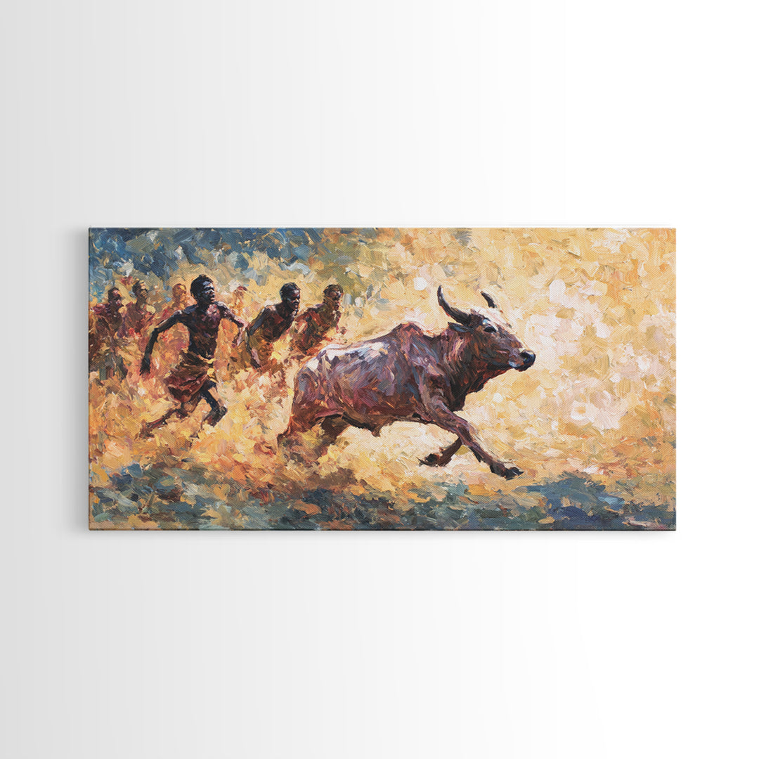 Painterly African Bull Chase Canvas Print, Sunlit Cattle Race With Runners, Rustic Safari Decor, Dynamic Cultural Wall Art