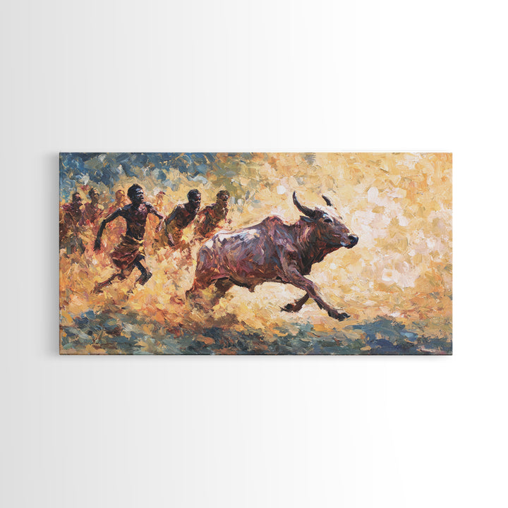 Painterly African Bull Chase Canvas Print, Sunlit Cattle Race With Runners, Rustic Safari Decor, Dynamic Cultural Wall Art