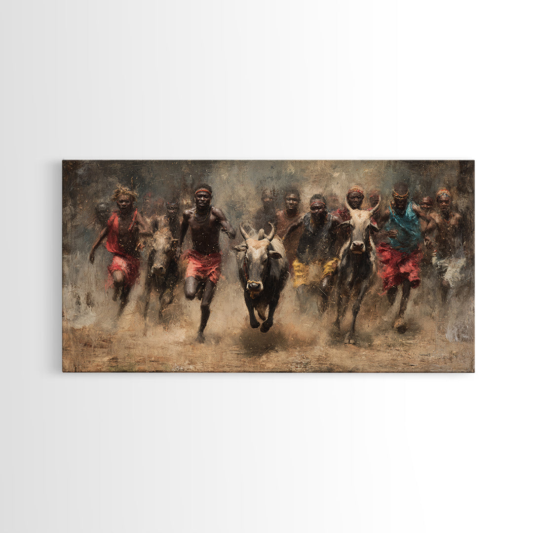 African Cattle Race Wall Art, Tribal Runners In Dusty Motion, Dramatic Safari Painting, Rustic Culture Decor For Home And Office