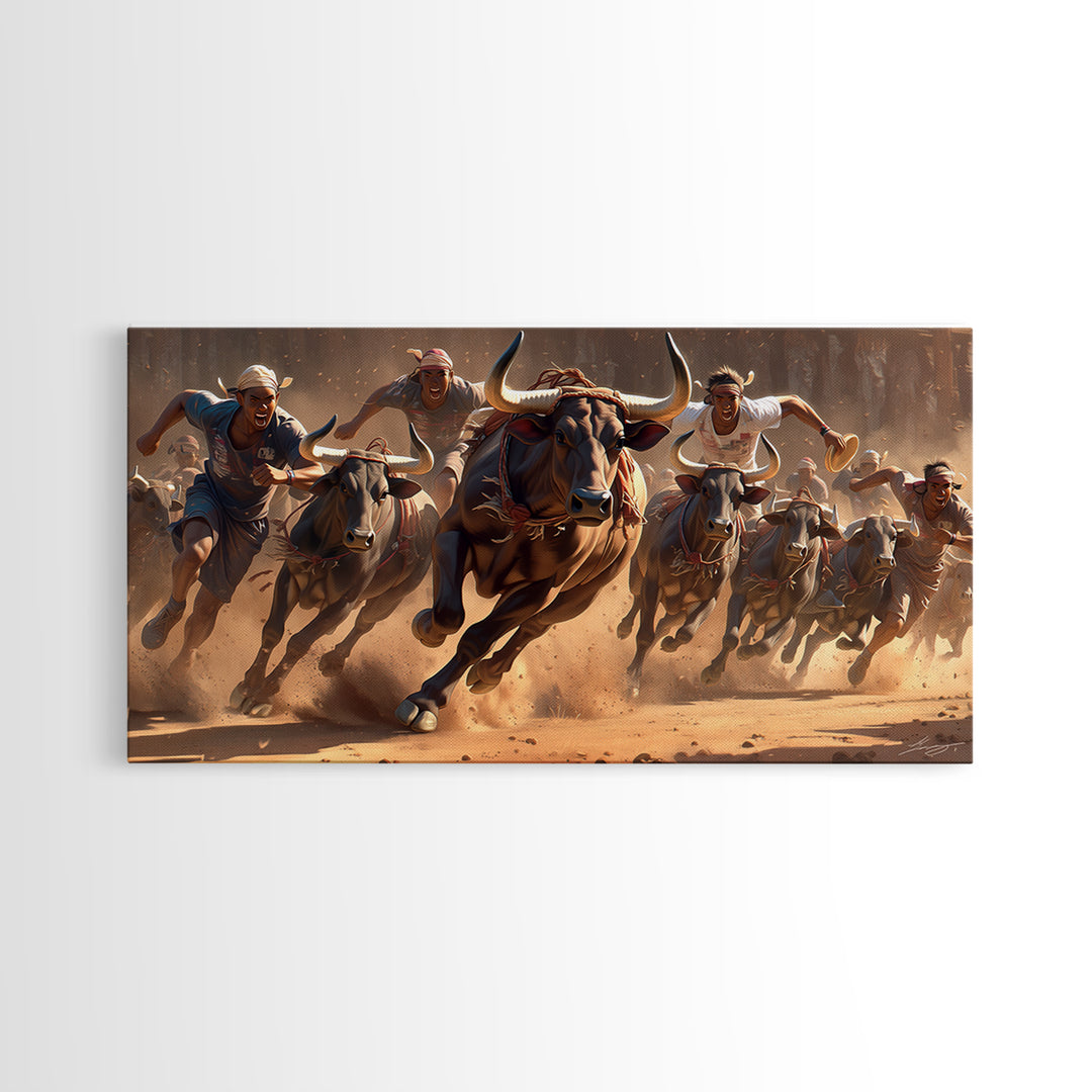 Charging African Bulls Framed Canvas Print, Runners And Dusty Arena, Bold Safari Action Wall Decor, Cultural Home Statement