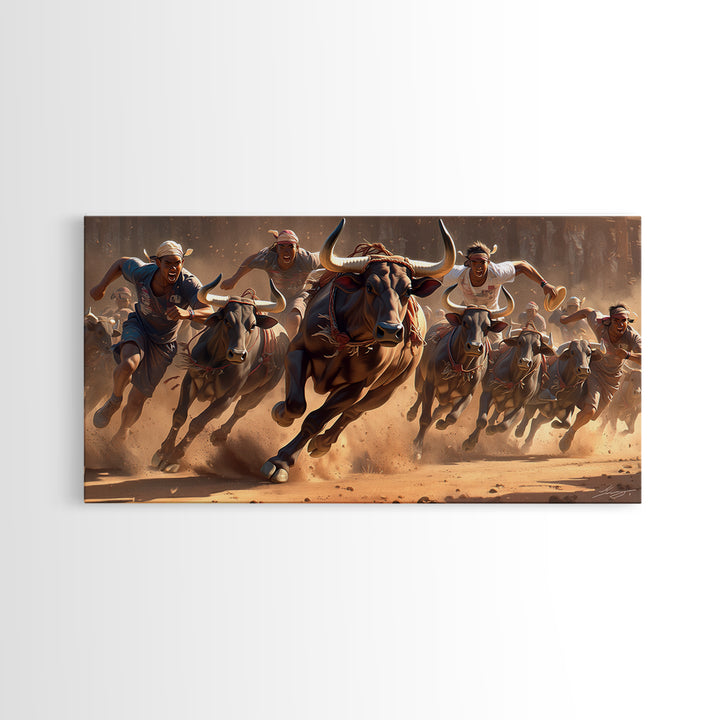 Charging African Bulls Framed Canvas Print, Runners And Dusty Arena, Bold Safari Action Wall Decor, Cultural Home Statement