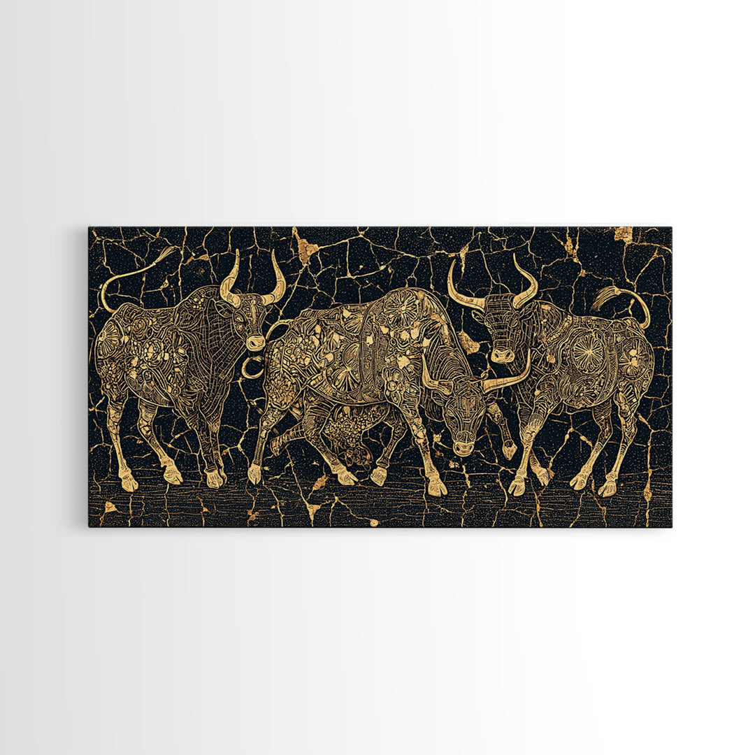 Gold Line Cattle On Black Wall Art, African Inspired Bull Illustration, Geometric Crackle Texture Decor, Luxury Canvas Print
