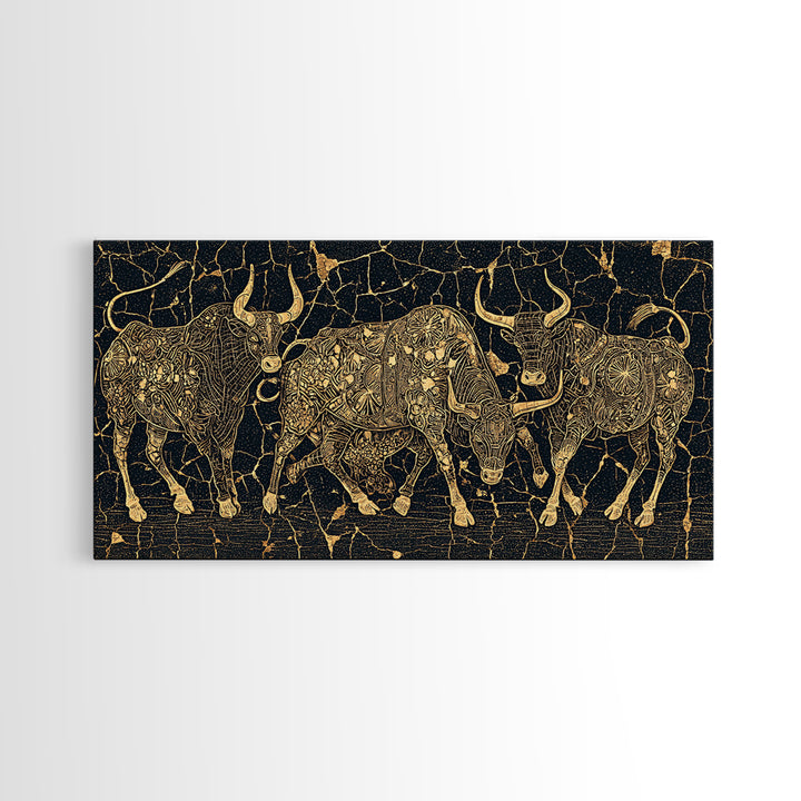 Gold Line Cattle On Black Wall Art, African Inspired Bull Illustration, Geometric Crackle Texture Decor, Luxury Canvas Print