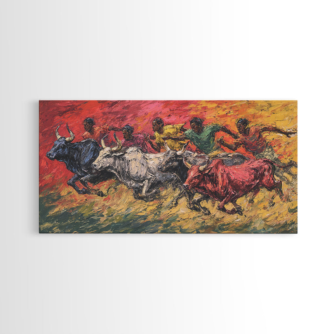 Colorful African Bull Race Canvas Print, Expressive Tribal Runners, Sunset Safari Painting, Bright Vibrant Cultural Wall Decor