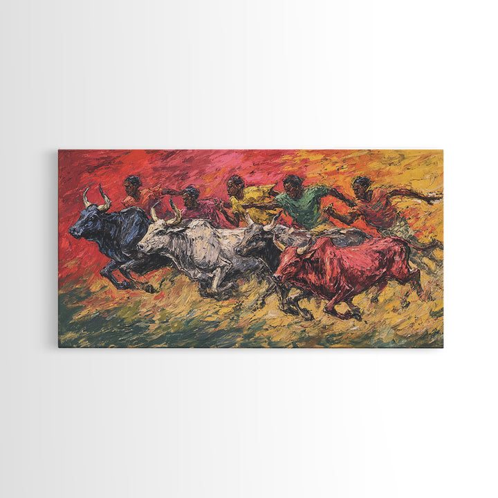 Colorful African Bull Race Canvas Print, Expressive Tribal Runners, Sunset Safari Painting, Bright Vibrant Cultural Wall Decor