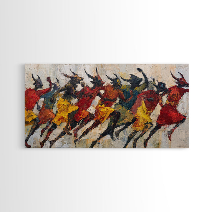 Horned Dancers In Red And Gold, African Warrior Art Canvas Print, Tribal Culture Wall Decor, Afrocentric Home Decor, Statement Piece