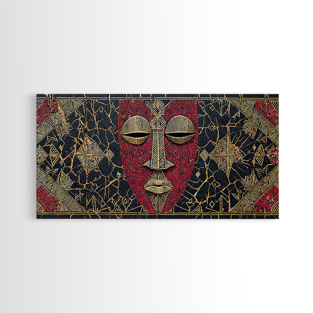 Red African Mask With Gold Geometric Pattern, Framed Canvas Print, Tribal Mask Canvas, Cultural Wall Decor Gift For Home
