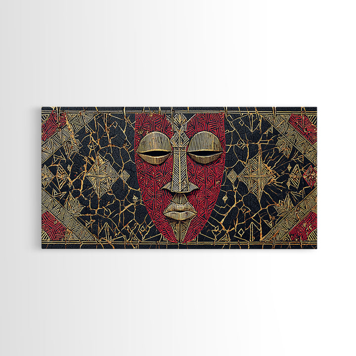 Red African Mask With Gold Geometric Pattern, Framed Canvas Print, Tribal Mask Canvas, Cultural Wall Decor Gift For Home