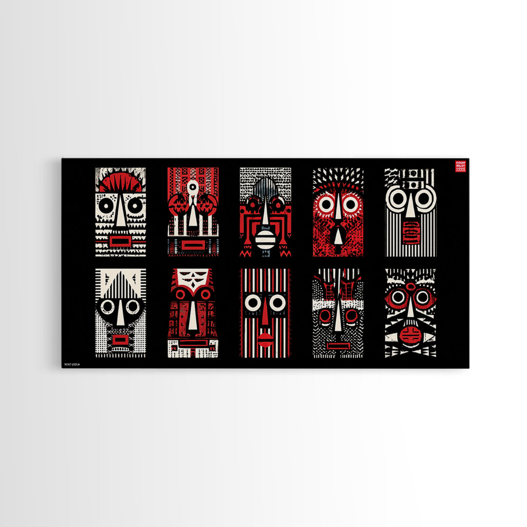 Nine Graphic Red Black And White African Masks, Wall Art, Tribal Mask Canvas, Afrocentric Decor, Bold Modern Pattern Print Set