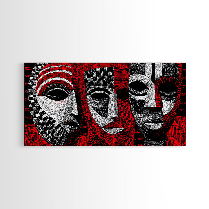 Three Red Black And White African Masks, Canvas Print, Tribal Mask Art, Abstract African Art Decor, Statement Wall Decor Gift