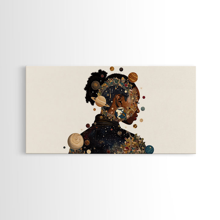 Cosmic Black Woman Profile With Planets, African American Art Framed Canvas Print, Afrocentric Wall Decor, Melanin Gift For Her