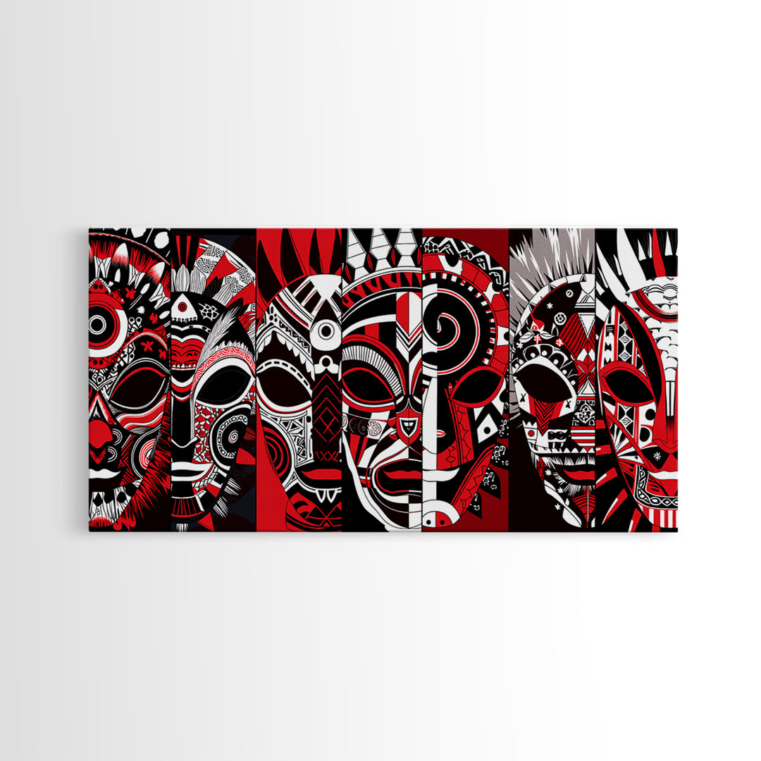Overlapping Red Tribal Masks In Bold Pattern, African Mask Wall Art, Afrocentric Decor, Contemporary Canvas Print, Home Decor Gift