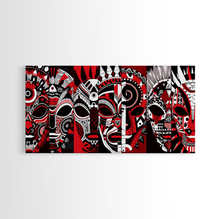 Overlapping Red Tribal Masks In Bold Pattern, African Mask Wall Art, Afrocentric Decor, Contemporary Canvas Print, Home Decor Gift