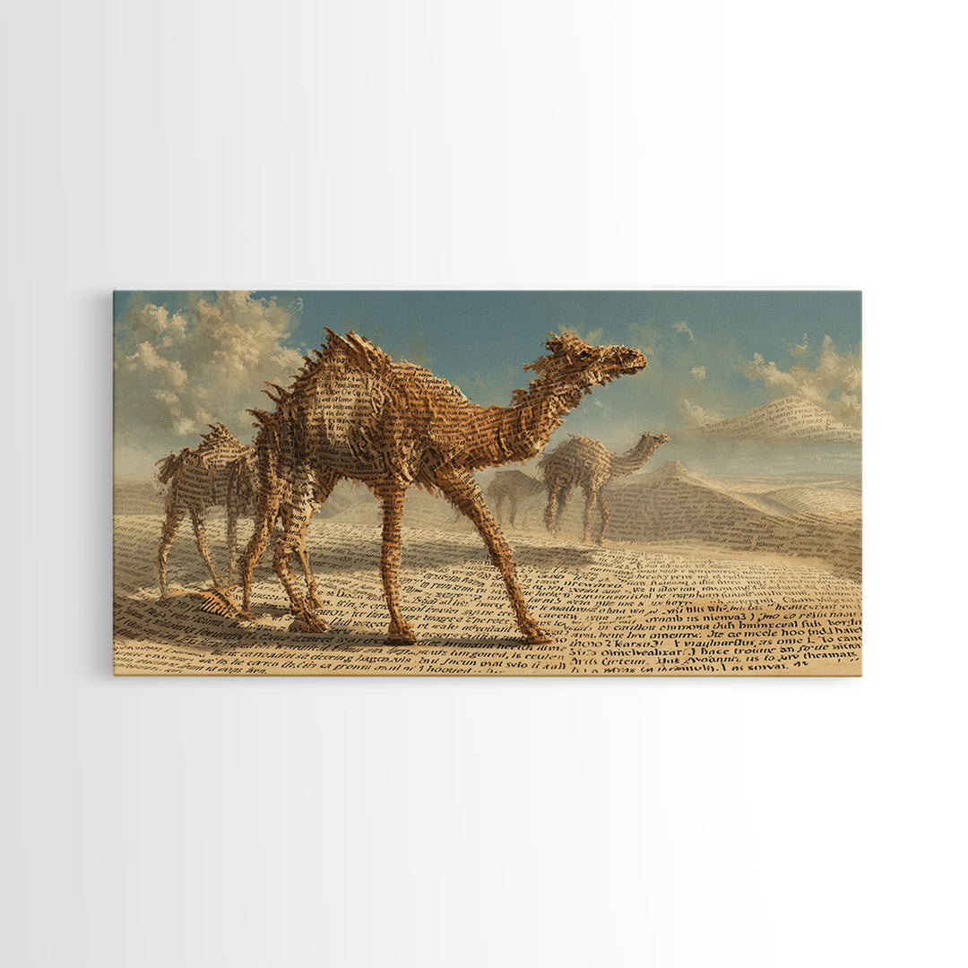 Desert Camel Caravan In Script Texture Canvas Print, African Safari Art, Earth Tone Wall Decor, Boho Living Room Art Gift
