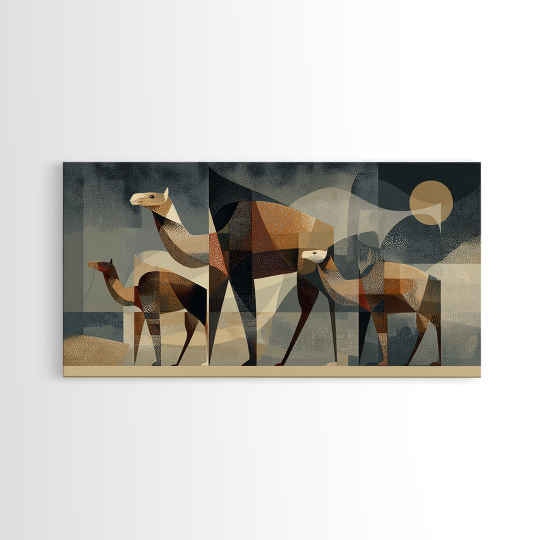 Geometric Camel Family In Desert Framed Canvas Print, Abstract African Art, Modern Safari Wall Decor, Earth Tone Home Decor