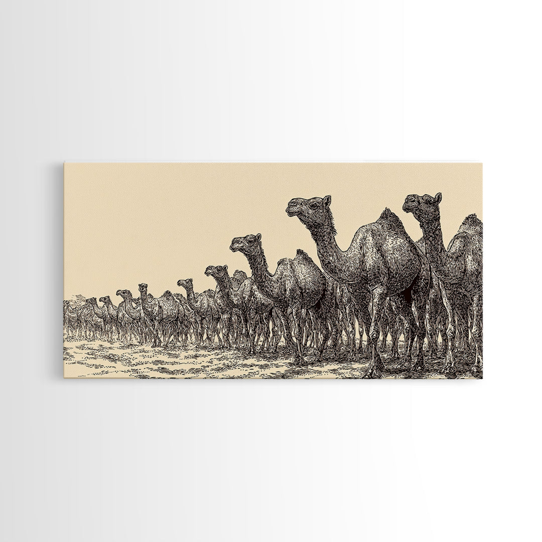 Ink Sketch Camel Herd Across Desert Wall Art, African Safari Art Print, Black And White Tribal Decor, Camel Artwork For Living Room