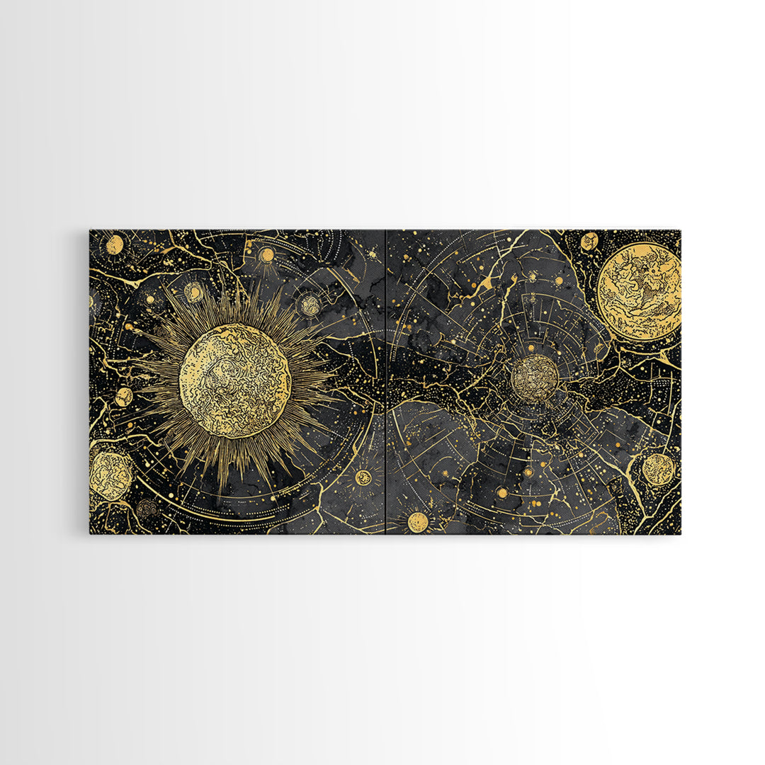 Gold Sun Moon Constellation Map Canvas Print, Celestial African Inspired Wall Art, Black And Gold Spiritual Home Decor Gift