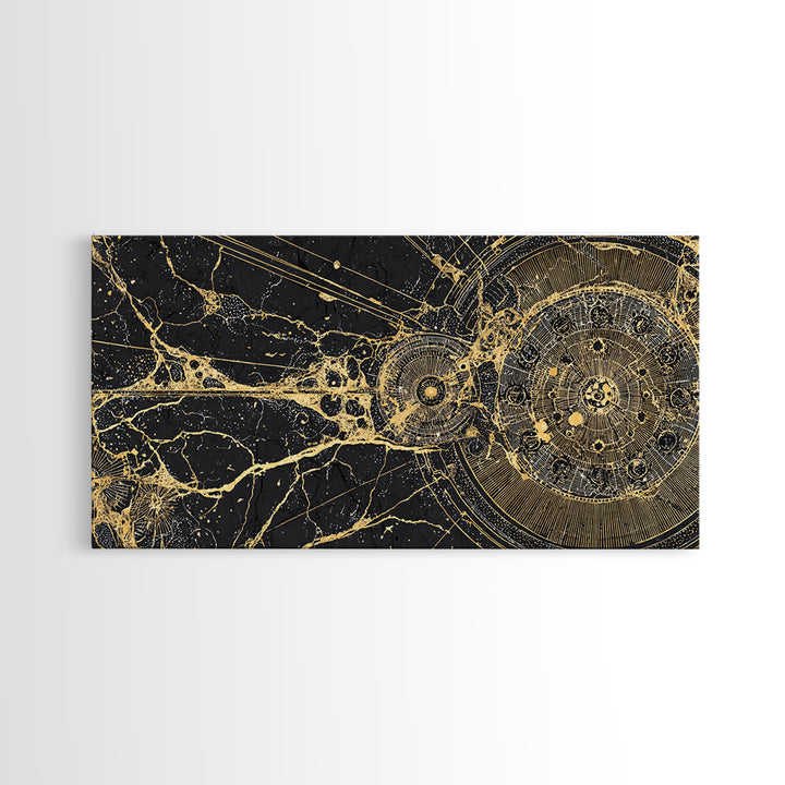 Golden Cosmic Web And Solar Orbit Framed Canvas Print, Abstract Wall Art, Black And Gold Decor, Mystical Astronomy Artwork