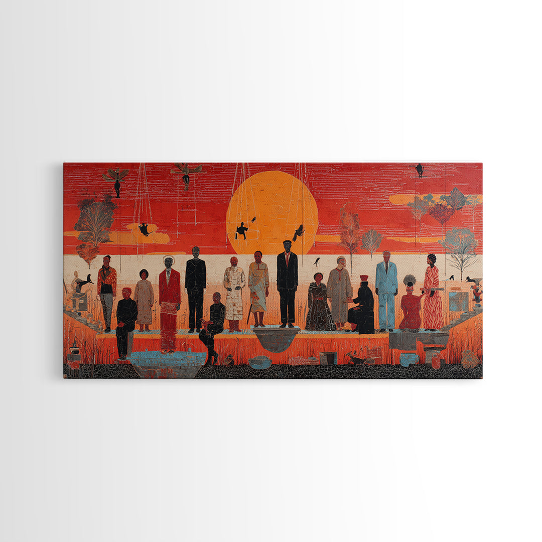 Orange Sunset Gathering With African Figures Wall Art, Black Culture Art, Contemporary Canvas, Statement Living Room Decor