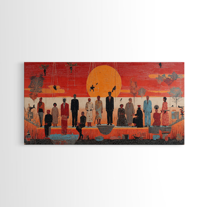 Orange Sunset Gathering With African Figures Wall Art, Black Culture Art, Contemporary Canvas, Statement Living Room Decor
