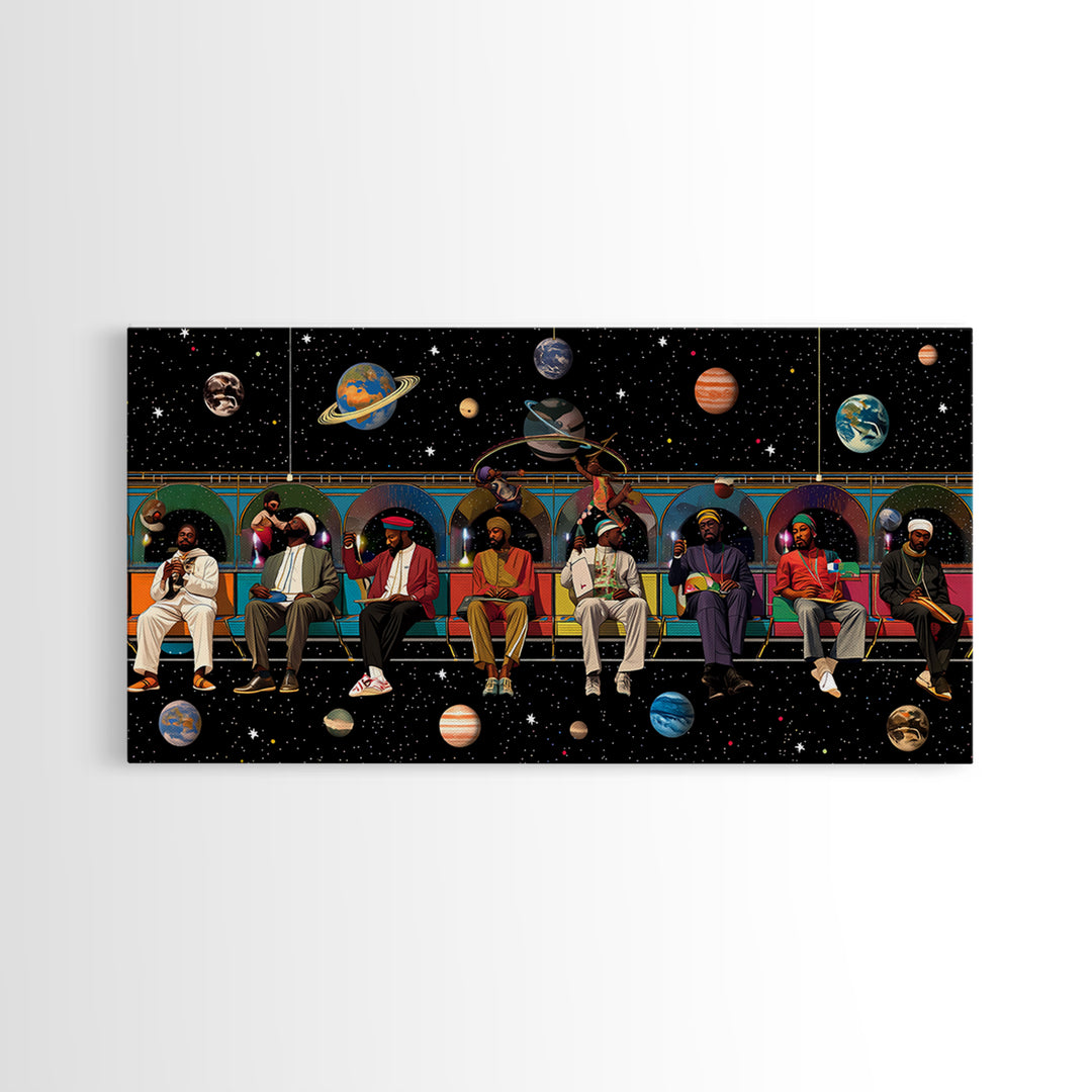 Black Travelers On Cosmic Subway Framed Canvas Print, Afrofuturism Decor, African American Art, Space Wall Decor Gift For Him