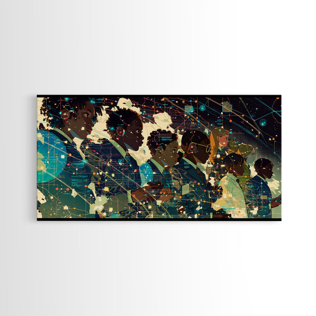 Afrofuturist African Students In Digital Network Canvas Print, Black Girl Art, Modern Black Art, Office Decor, Digital Wall Art
