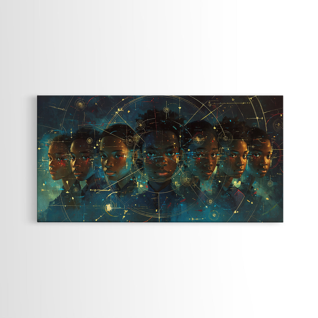 Six Young African Visionaries In Futuristic City Wall Art, Black Boy Art, Afrocentric Art, Modern Portrait Art, Office Decor