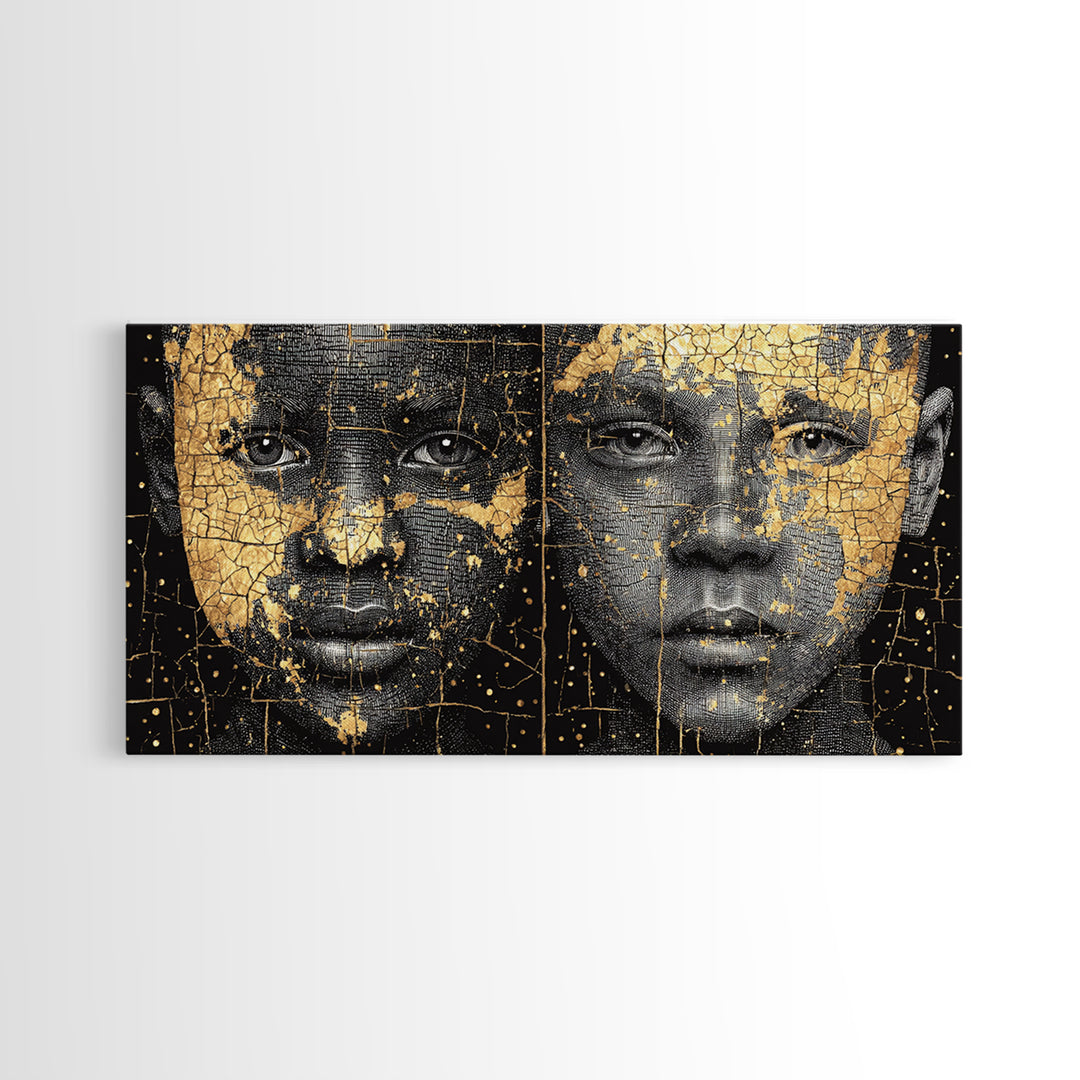 Black Gold African Portrait Diptych Wall Art, Afrocentric Abstract Face Art, Modern Black Culture Decor, Luxury Canvas Print